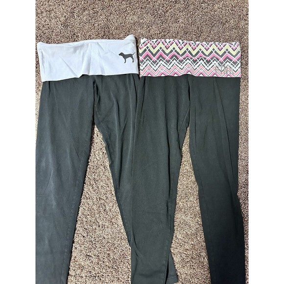Victoria&apos;s Secret Pants - VICTORIA SECRET PINK Y2K LOT OF 2 LEGGINGS FOLDOVER YOGA BLACK Sz S SKINNY LEG